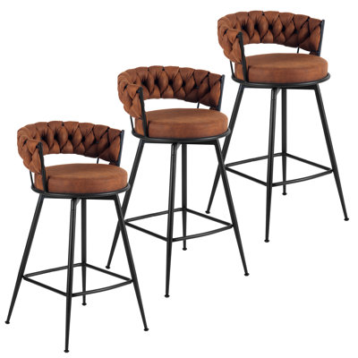 Tabouret de bar moderne en tissu de suède brun clair avec dossier tissé et tabouret à hauteur de comptoir fixe en métal noir pour cuisine