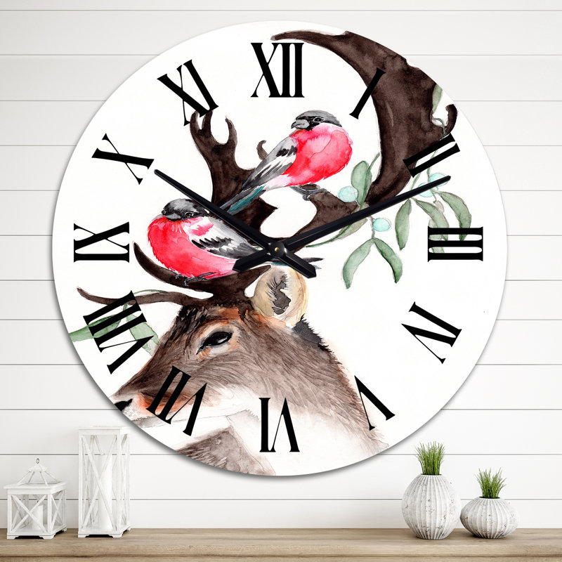 Horloge murale traditionnelle cerf avec deux bouvreuils rouges, Grand