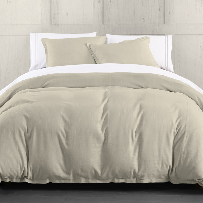 Hera Washed Linen Flange Modern Rustic Chic 1 Piece Duvet Cover, Queen Duvet Cover, Light Gray