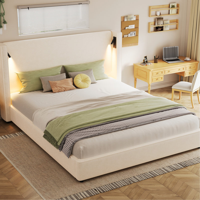 King - Sized, Beige, Upholstered Bed, High Wingback Headboard, Reading Lamp And , Comfortable Upholstery, Wood Support, Quick Assembly Size Beige Bed Frame With Wingback, Adjustable Soft Foam, No Box