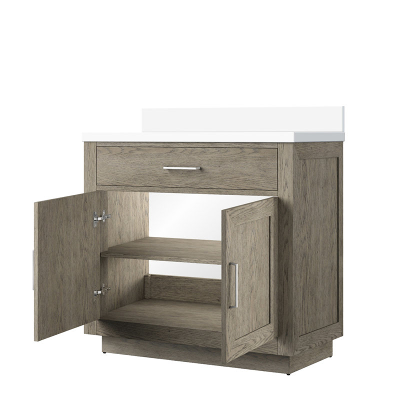 Meuble-lavabo gris en chêne gris avec structure en bois massif remarquable, plateau de salle de bain entièrement assemblé