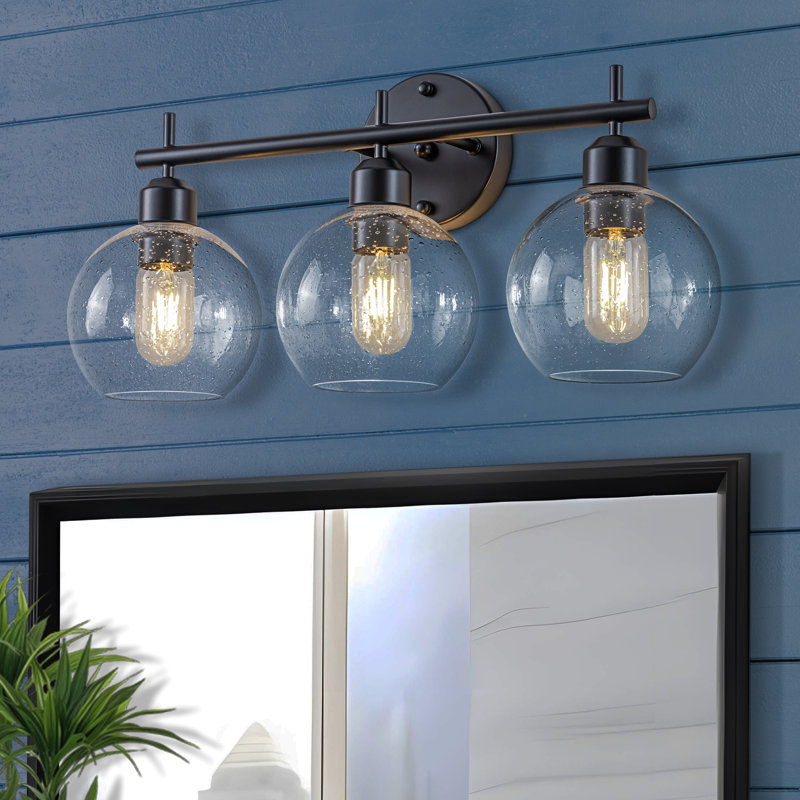 Éclairage de salle de bain à intensité variable 3 lumières avec globes en verre bullé, Noir mat