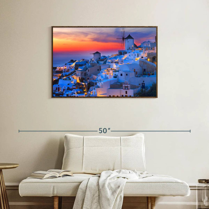Lumières de Santorin, 37 po x 25 po, Cadre flottant noyer