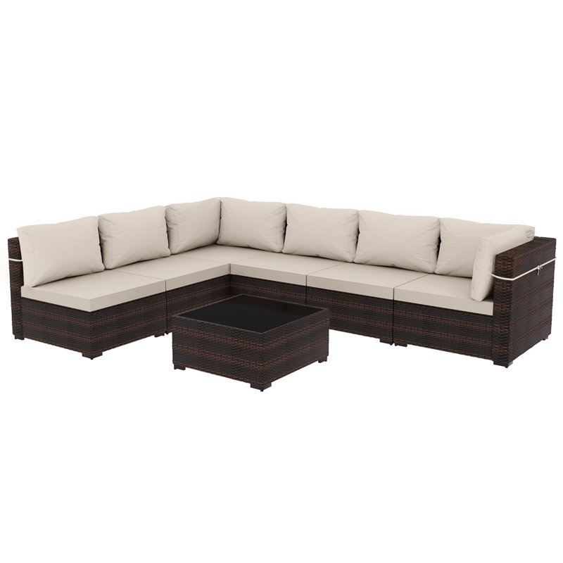 7-piece wicker patio conversation sets with cushions, Beige, 7 Pcs, Brown