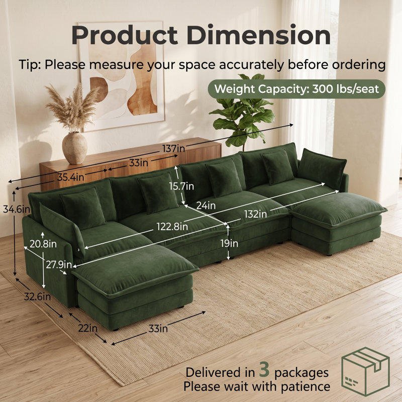 Canapé d'angle modulaire surdimensionné 4 places en chenille en forme de U avec 2 poufs, canapé double, 4 Seat+2 Ottoman