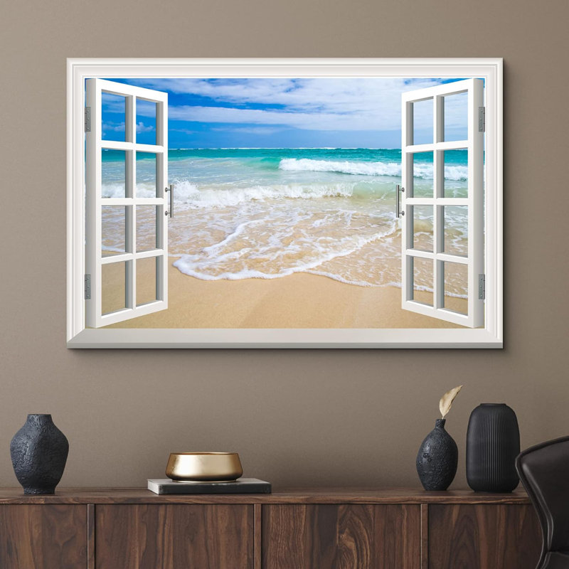 Window Scenery " White Waves On The Beach ", 12" H x 18" W