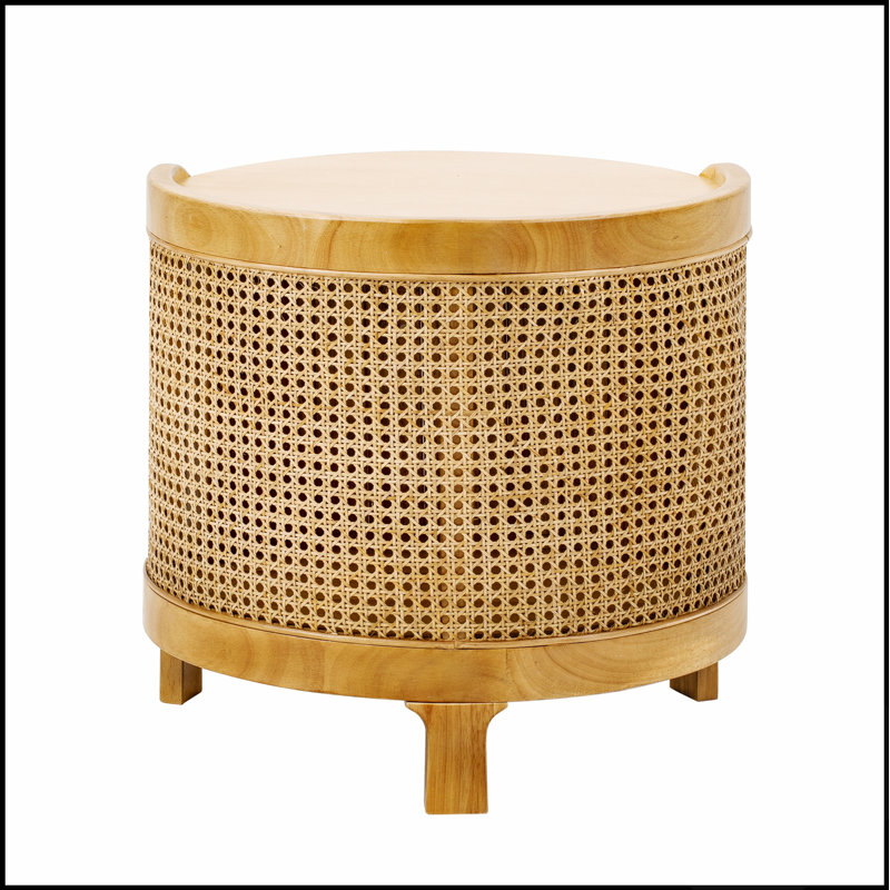 Table basse ronde pivotante moderne en rotin avec rangement dissimulé, idéale pour les espaces de vie élégants et fonctionnels.