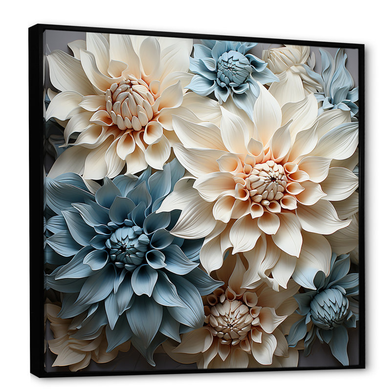 «White and Blue Dahlia Symphony IV», reproduction sur toile, H 24 po x l 24 po x P 1 po, Cadre flottant noir