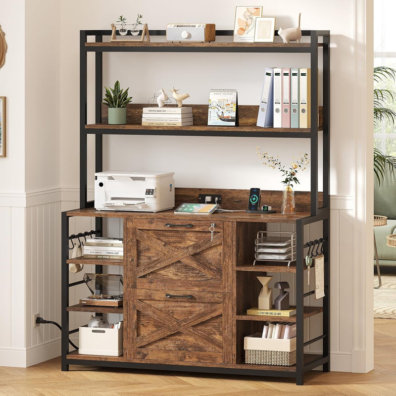 Classeur avec station de charge, classeur vertical avec serrure pour bureau personnel, Brun rustique
