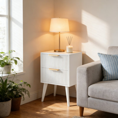 Modern Fluted Nightstand With 2 Drawers, Sturdy Bedside Table With Metal Handles And Solid Wood Legs, Versatile End Table For Living Room Or Bedroom
