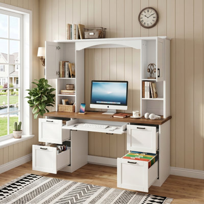 Mid-Century Walnut Farmhouse Arched Computer Desk with Hutch, All-in-One Home Office Desk with Charging Station, Keyboard Tray & Storage File Drawer