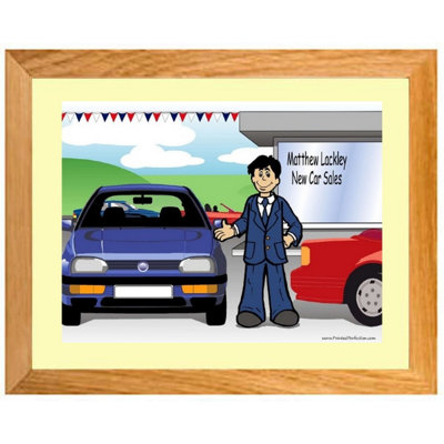 Personalized Car Sales Male Caricature with a Mat & Frame - Ready to hang!