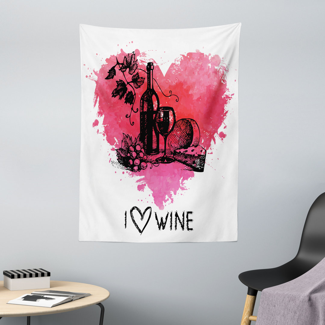 Wandteppich, Skizze Aquarell-Herz, Wein, Rosa Coral Schwarz