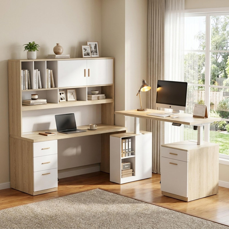 Bureau de direction de 70,8 po de largeur avec huche et ensemble de bureau électrique debout de 53,1 po de largeur, centre d'alimentation pour bureau à domicile