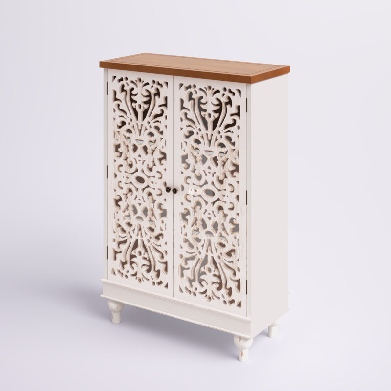 Ezzell Solid and Manufactured Wood 2-Door Accent Cabinet with Hollow-Carved Doors, White