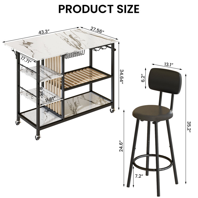 3-Piece Dining Table Set For Kitchen Breakfast Nook, Bar Table Set With Storage And Wine Shelves, With Counter Height Faux Marble Table And 2 Stools, Space Saving Bar Table And Chairs Set For Dining Room