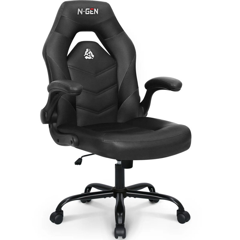 N-GEN Adjustable Ergonomic Faux Leather Swiveling PC & Racing Game Office Desk Chair with Flip-Up Arms, Black