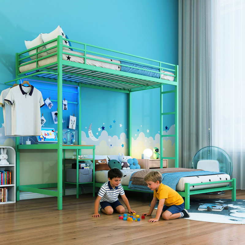 Lit superposé simple en métal avec garde-corps, bureau et rangement, espace pour les dortoirs en forme de L, tablettes,, adolescents idéaux