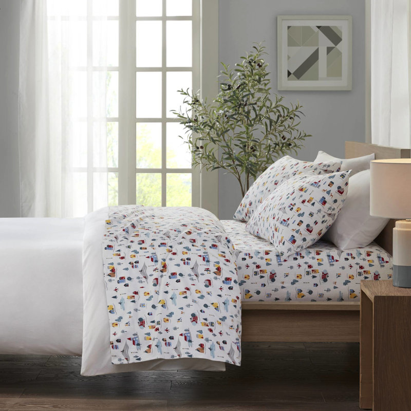 Ensemble de draps 3 pièces avec imprimé blanc Village, Ensemble de draps pour lit simple avec deux taies