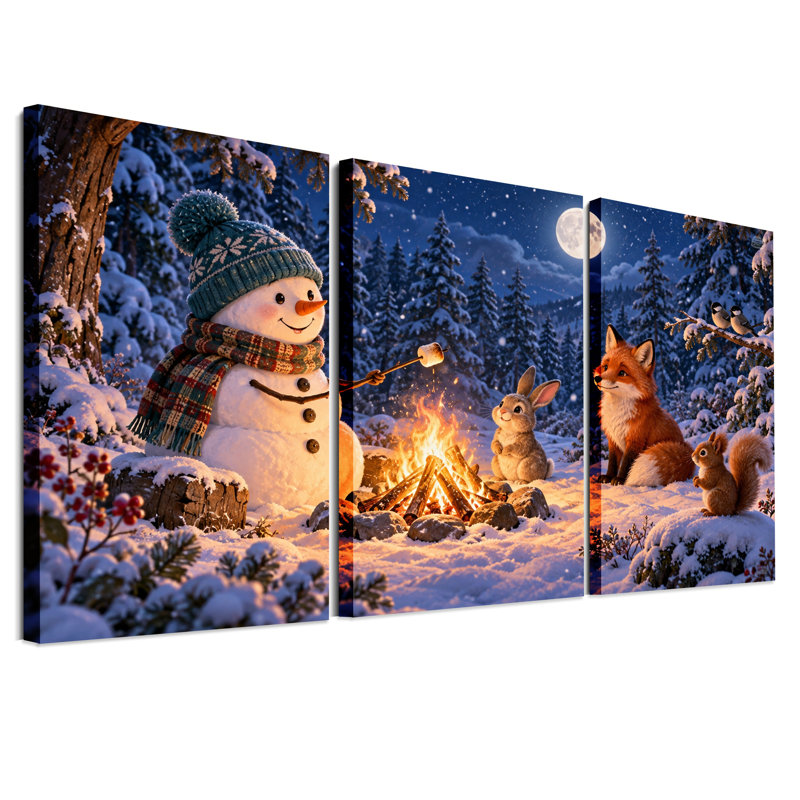 Ensemble de 3 toiles murales de Noël représentant un bonhomme de neige faisant griller des guimauves avec un renard
