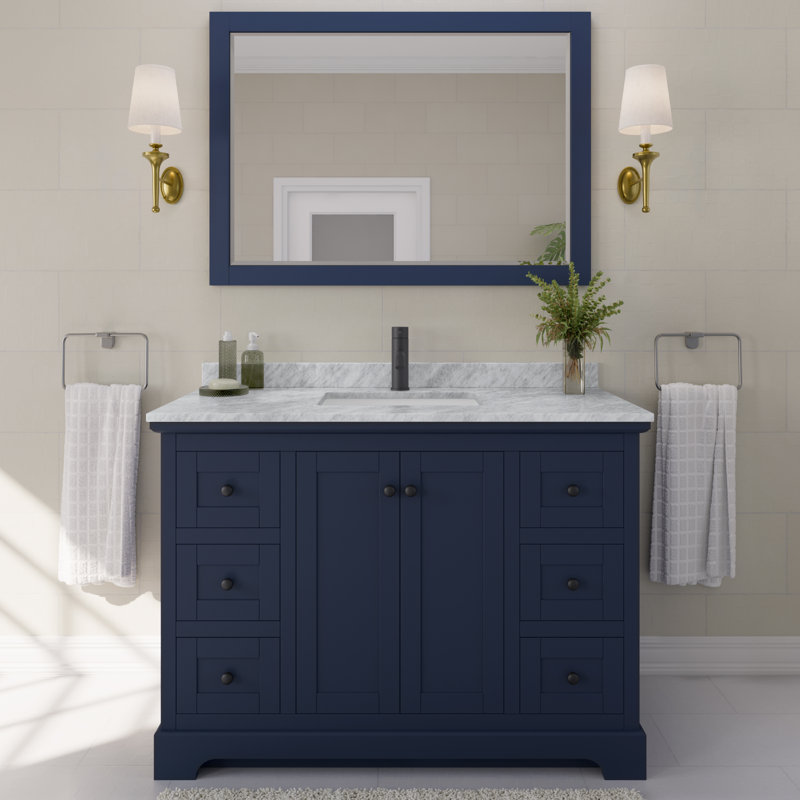 Avery 48'' Single Bathroom Vanity with Stone Top with Mirror, Dark Blue, Matte Black