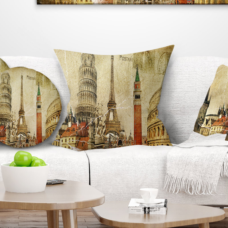 Carte postale rétro - coussin imprimé paysage urbain, 18 po x 18 po, Coussin décoratif