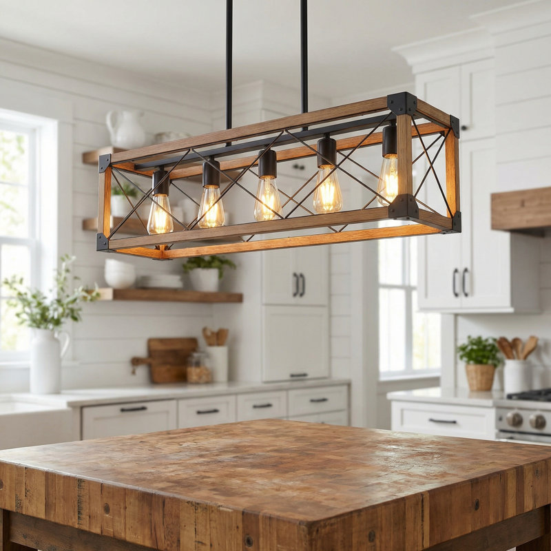 Luminaire suspendu 32 po en bois de noyer rustique pour îlot de cuisine 5 lumières 32 po, Noyer, Non