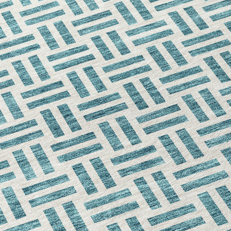 Teal Geometric Washable Synthetic Indoor/Outdoor Runner Rug