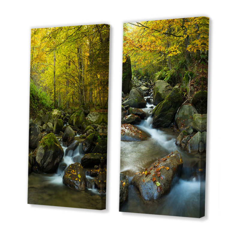 «Beautiful Summer Forest Waterfall», ensemble de 2 peintures sur toiles, H 32 po x l 32 po x P 1 po, Toile tendue