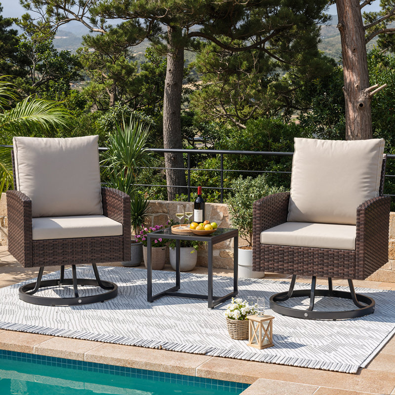 Ensemble de conversation en osier pivotant pour 2 personnes avec table d'appoint, Cream, Brown