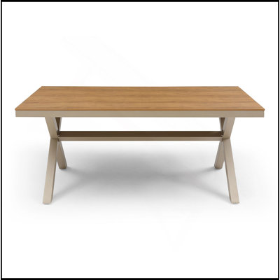 Durable Teak HIPS Dining Table With X-Shape Aluminum Legs For Outdoor Use, Perfect For Patio And Garden Settings.