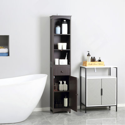 Bathroom Storage Cabinet, Free Standing Bathroom Storage Unit, Tall Linen Tower with 3-Tier Shelves and Drawer, Brown