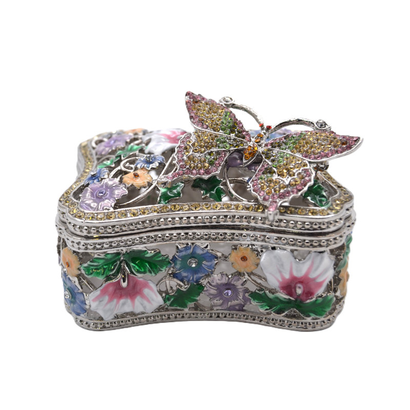 Grande boîte à bijoux florale avec papillon doré