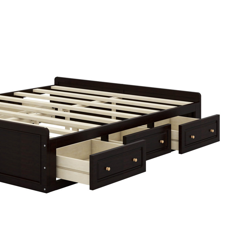 Structure de lit plateforme grand avec 6 tiroirs, Espresso