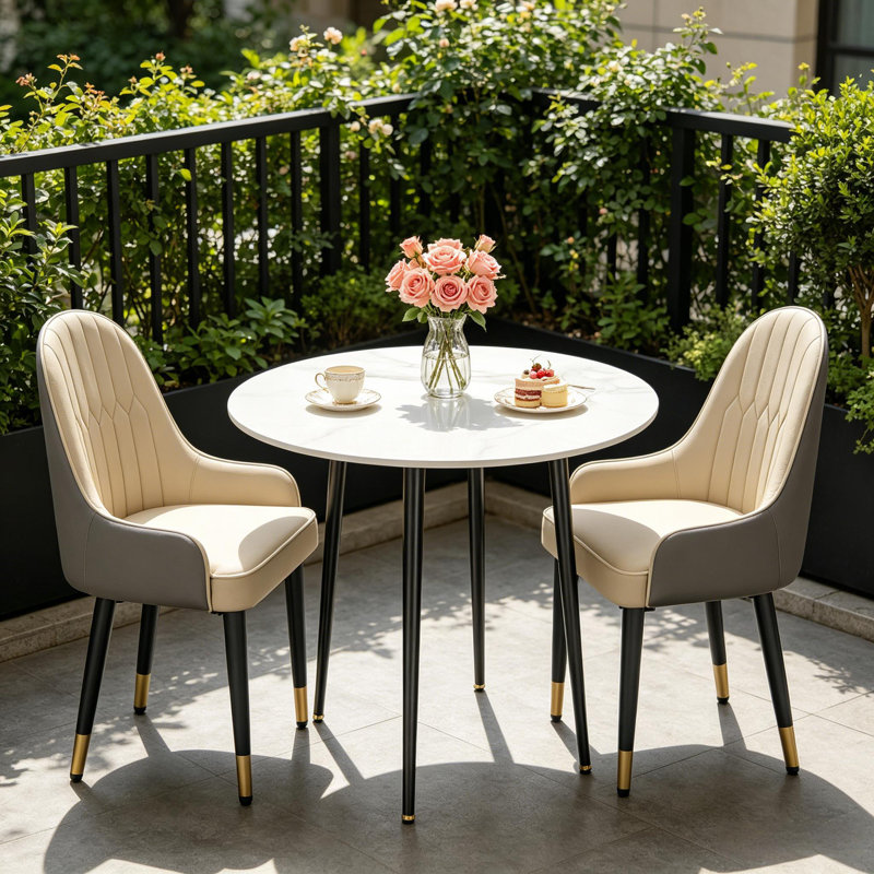 Round Dining Table And 2 Chairs Set, 3pcs Dining Room Sets For Restaurant Kitchen Office, 2-4 Seaters Marble Table And Light Khaki Microfiber Silicone Leather Kitchen Chairs Set Of 2
