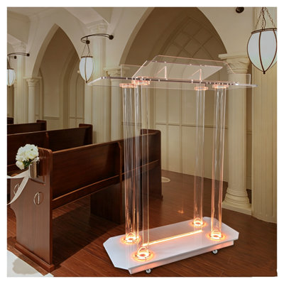 Modern Clear Acrylic Podium With Wheels & Led Lights - Elegant Transparent Church Pulpit For Sermons, Weddings, Classrooms And Speeches
