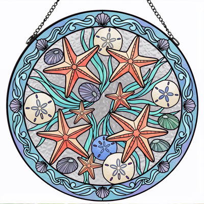 Starfish Sand Dollar Stained Glass Window Panel，7.8H