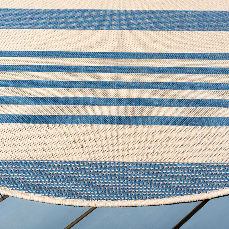 Beige and Blue Striped Synthetic 9' x 12' Rectangular Rug