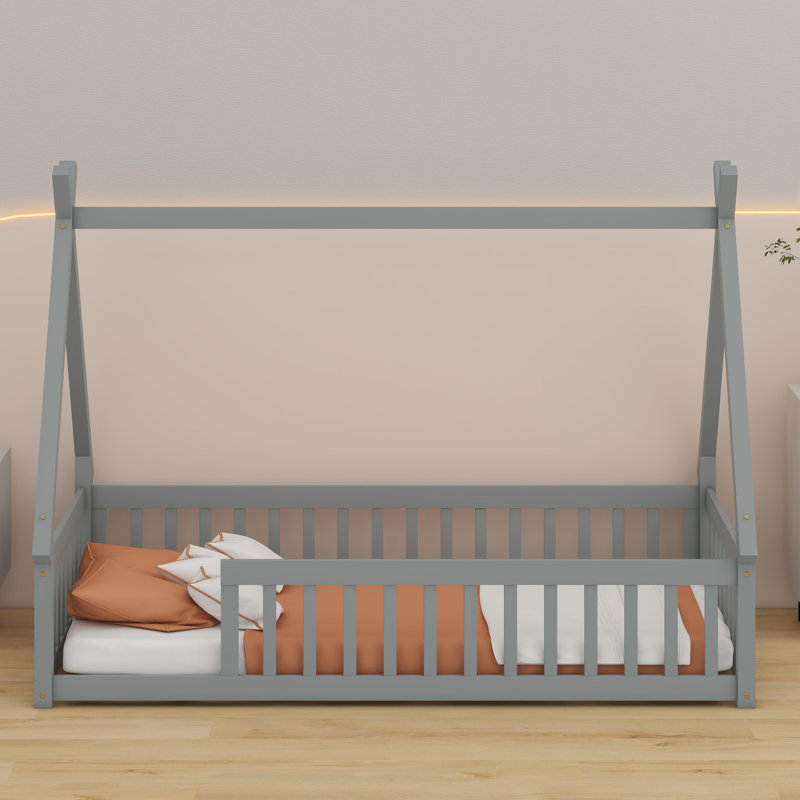 Tent-Inspired Low-Profile Bed Featuring Safety Rails And Built-In Slats, Gray