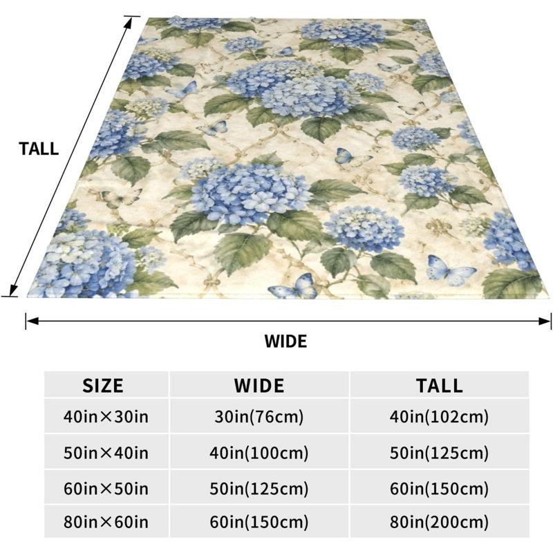 Couverture polaire douce, jeté de lit, motif floral bleu printanier, 152 x 203 cm, 60 po x 80 po