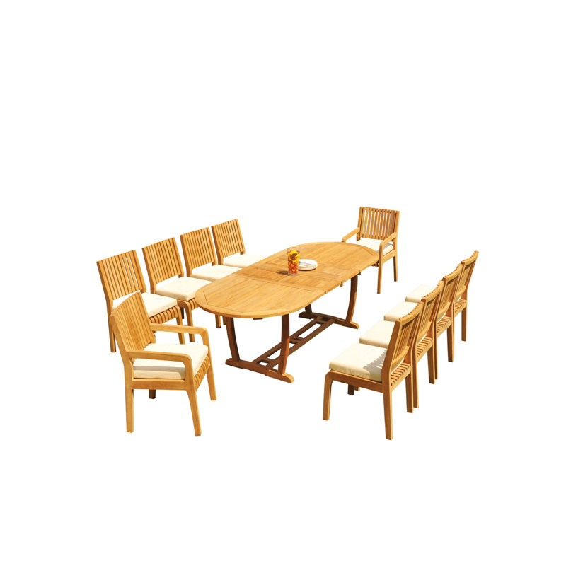 Maskell 10 - Person Teak Solid Wood Patio Dining Set Umbrella Hole Included Oval Table, 10