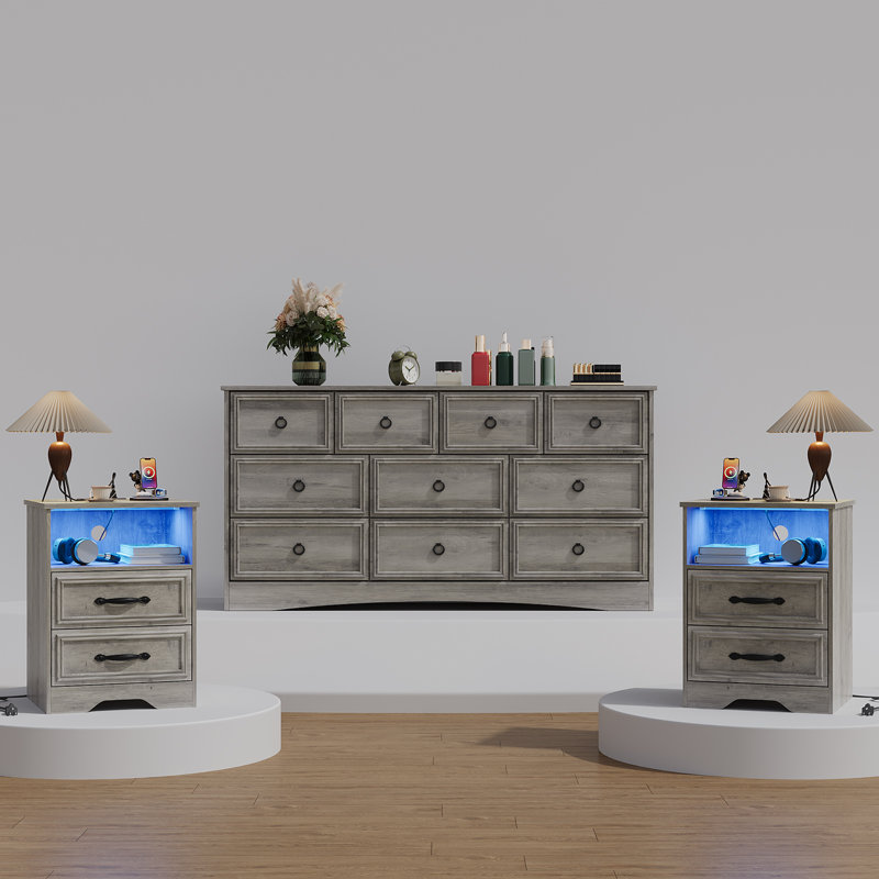  Ensemble de commode 3 pièces - commode 10 tiroirs et deux tables de chevet 2 tiroirs avec station de charge, gris délavé