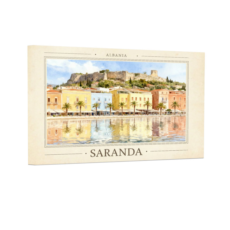 Paysages pittoresques et urbains Albanie, ville côtière de Saranda avec reflet du château, H 20 po x l 30 po