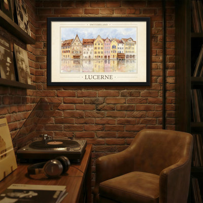 Scenic  Cityscapes Switzerland Lucerne Watercolor Buildings Reflection River Scene Art Print