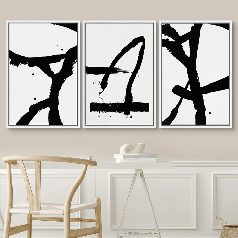BAW Trio Of Dark Paint Strokes, Abstract Shape Abstract, illustrations encadrées sur toile, 3 pièces, Cadre blanc
