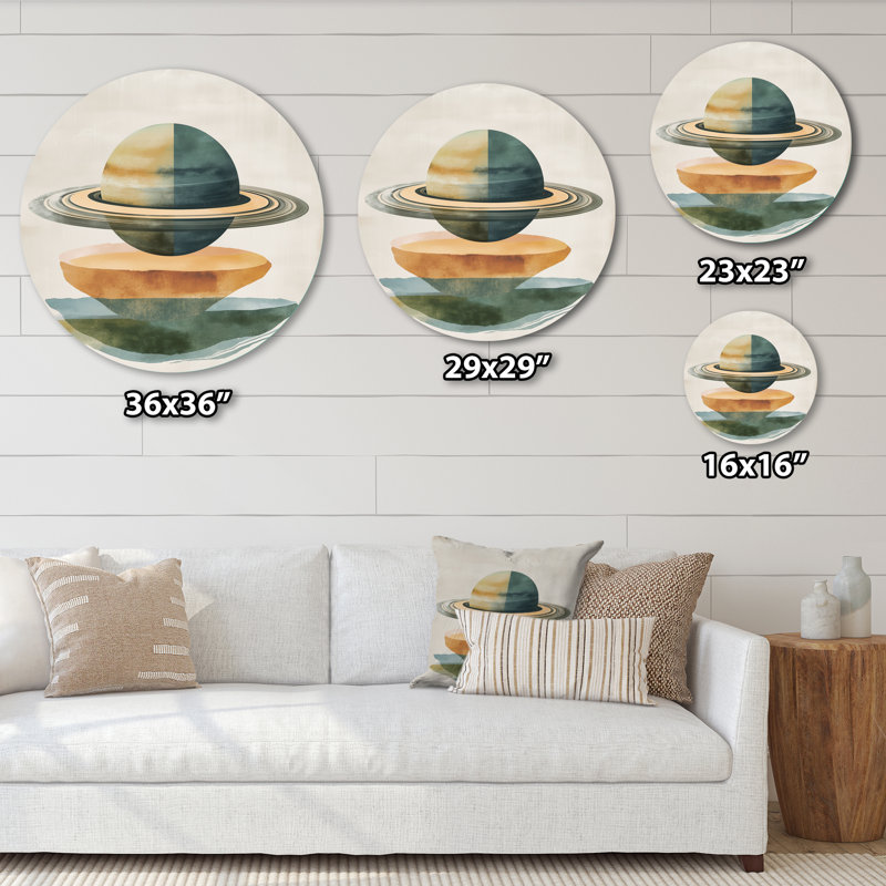 Saturn Rings Over Earth Tones - art mural rond en métal Planètes, L 16 po x H 16 po
