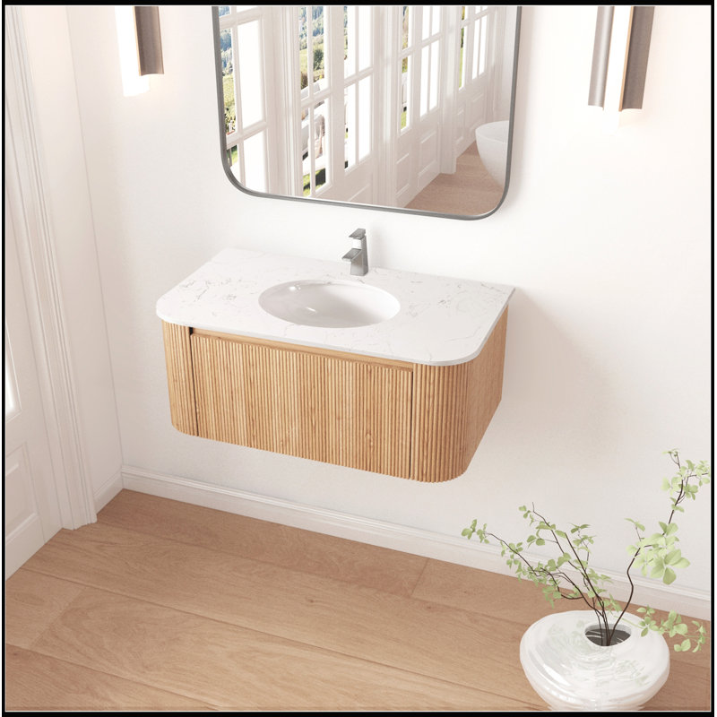 Meuble-lavabo mural 36 po Arcora avec comptoir en marbre artificiel Carrara, lavabo en céramique et tiroir de rangement spacieux