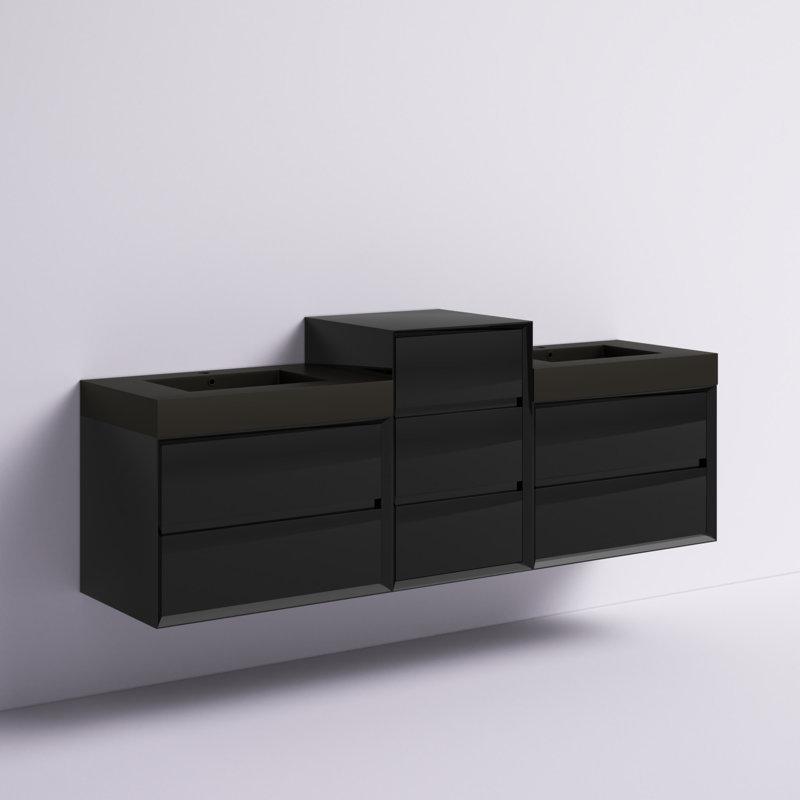 Golitz 79'' Double Bathroom Vanity with Stainless Steel Top, Glossy Black