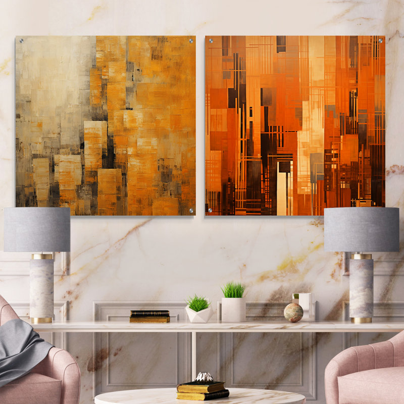 «Modern Cityscape Skycraper Golden Blocks II» - ensemble de 2 toiles d'art gratte-ciel en verre, H 16 po x l 33 po