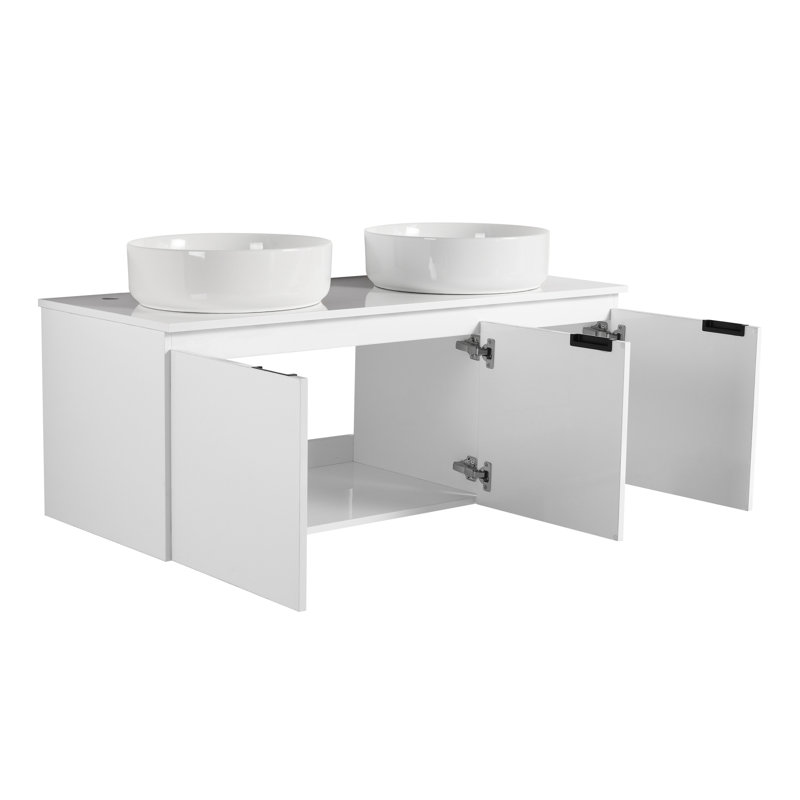 Meuble-lavabo flottant moderne (qui doit inclure à la fois un meuble-lavabo et un lavabo) avec rangement, contreplaqué blanc brillant